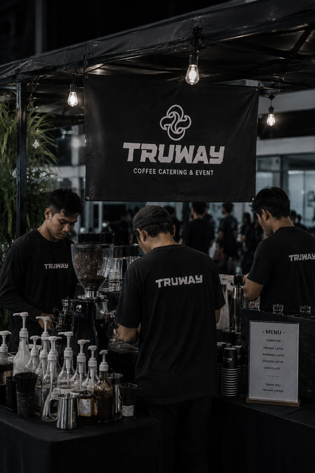 TRUWAY Coffee catering bar with baristas serving at a night event