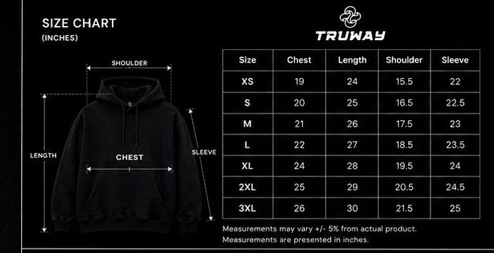 TRUWAY Hoodie details and size guide 2