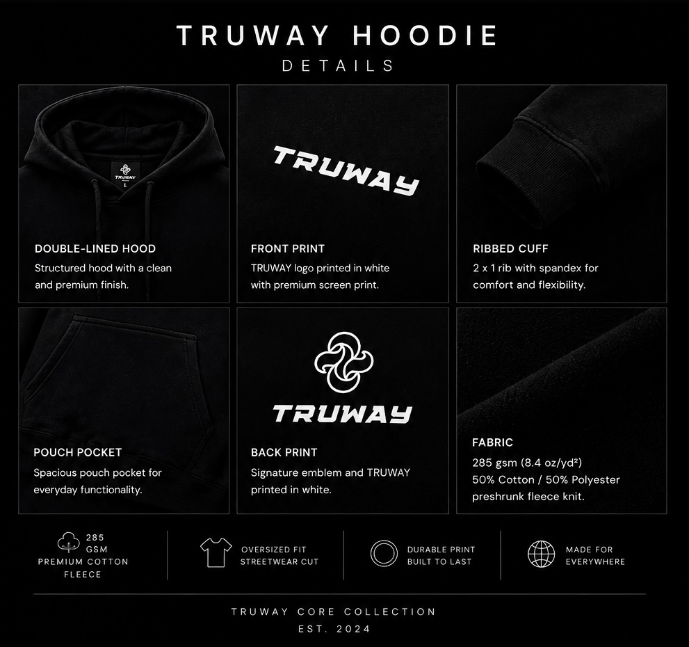 TRUWAY Hoodie details and size guide 2