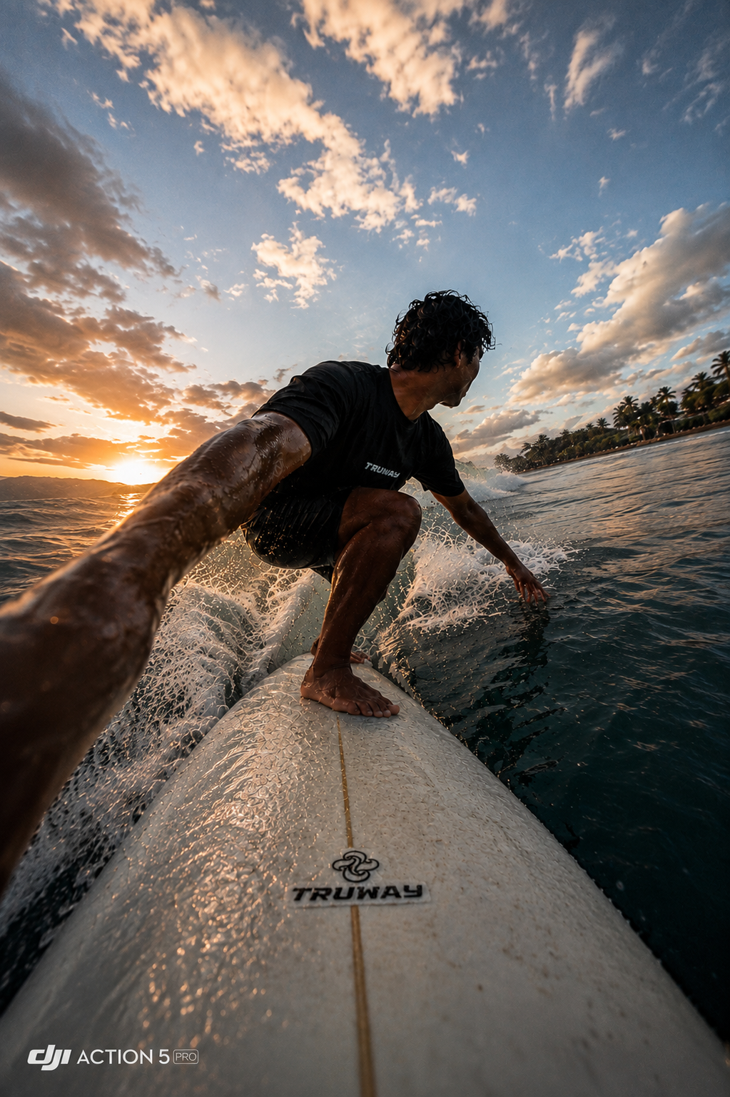 A TRUWAY surfer riding at sunset, captured on an action camera