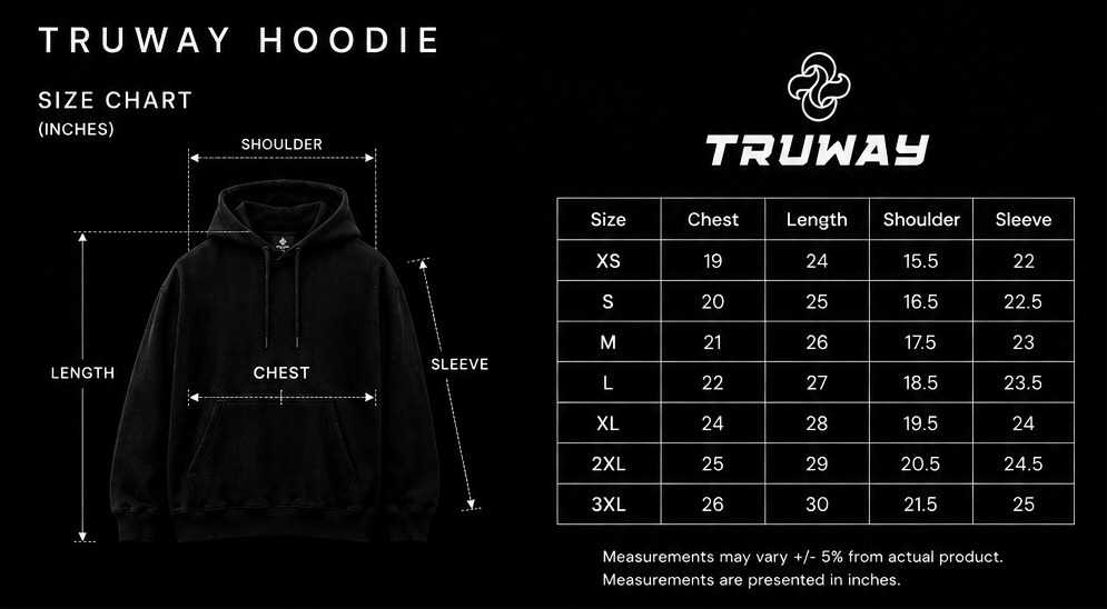 TRUWAY Hoodie details and size guide 1