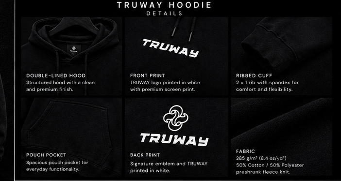 TRUWAY Hoodie details and size guide 3