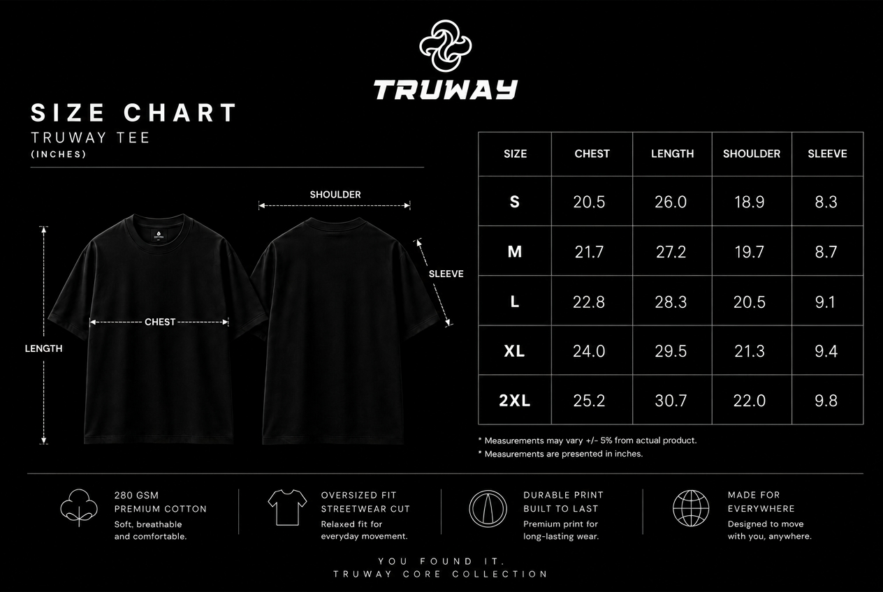 TRUWAY Tee official size chart